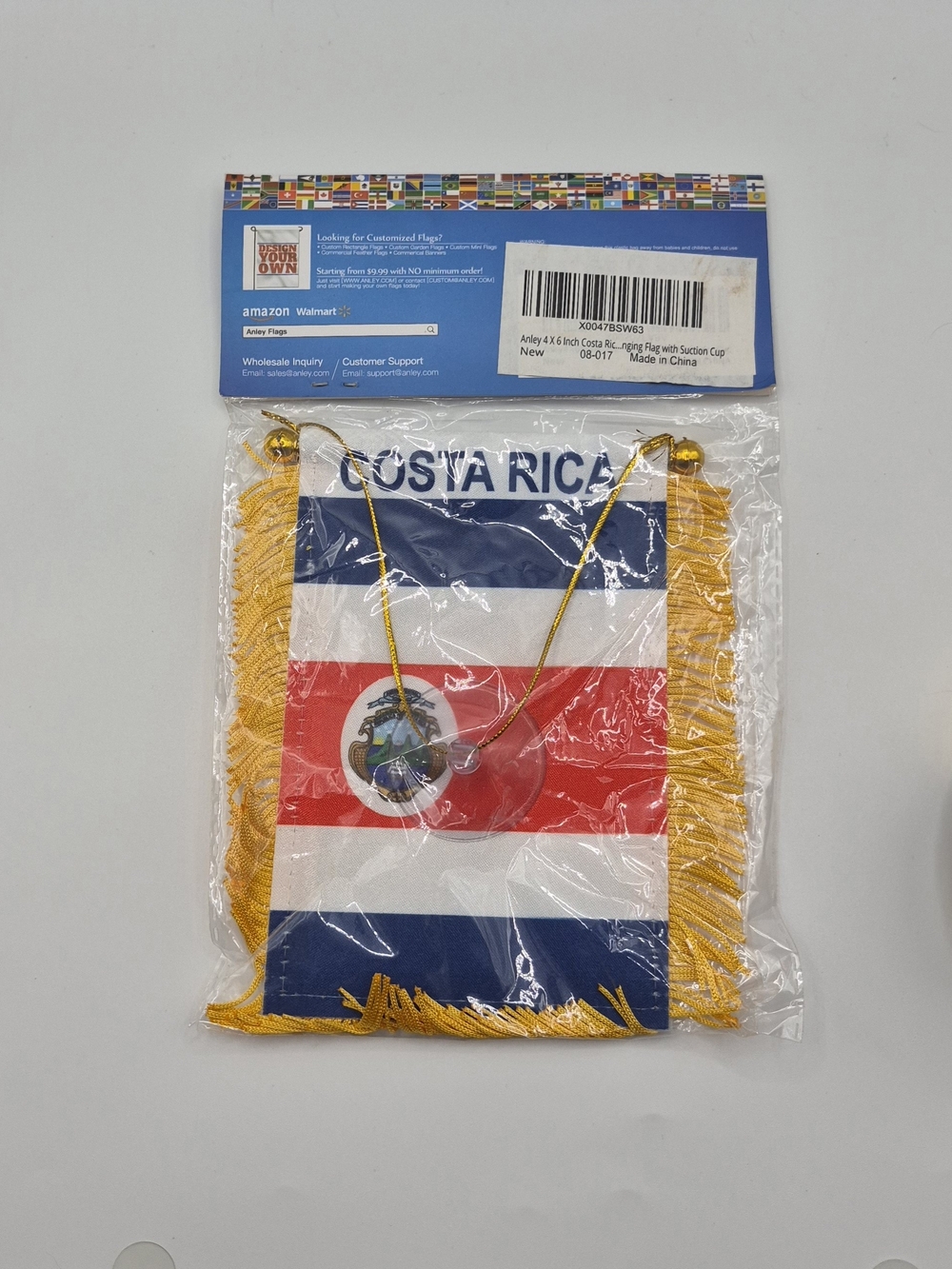 Anley 4 X 6 Inch Costa Rica Fringy Window Hanging Mini Banner Flag W/Suction Cup